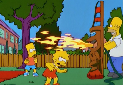 Simpsons Homer feeds tiki fire